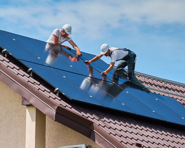 Imagen de dos personas instalando un panel solar en el techo de una vivienda