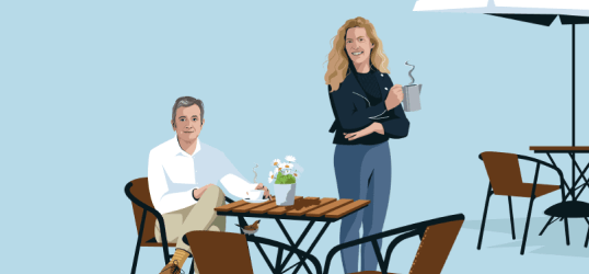 Ilustración de Luis Moya en una cafetería, imagen del seguro de Negocios ABANCA