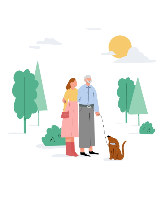 imagen de una pareja paseando a su perro que ilustra el Seguro de Decesos de ABANCA